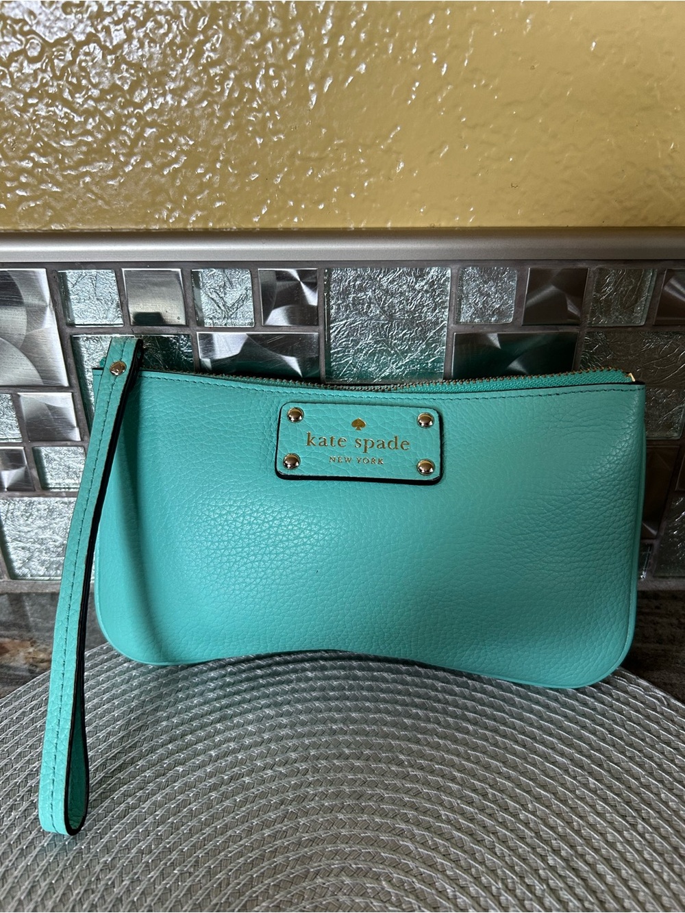 kate spade teal pebbled leather wristlet clutch